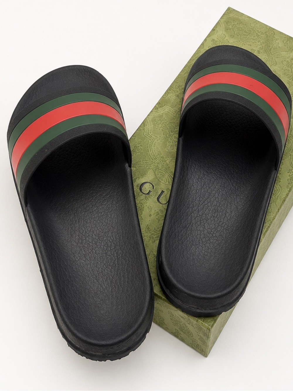 Gucci Black Slide Sandals with Red and Green Stripes